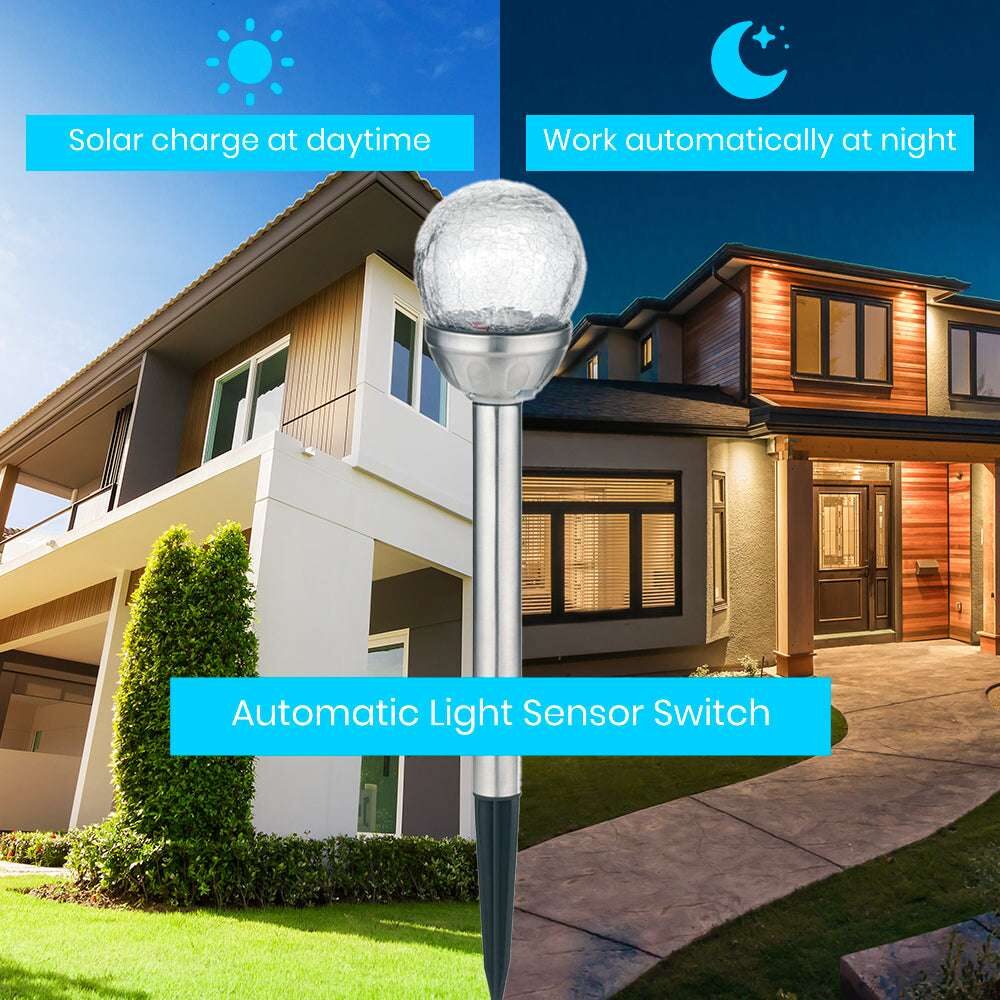 Solar Lamp Crackle Glass Globe Stake Lights 1 Pack: Cold White + Colour Changing Solar Garden Light Outdoor Waterproof Stake Lights Solar Powered Pathway Stake for Lawn Walkway Decor Solar Powered Light - Image 4